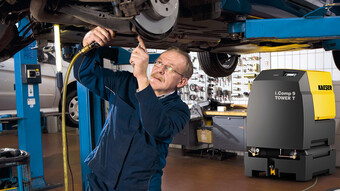 La «estación de compresor de pistón» i.Comp 9, con secador refrigerativo integrado, es la solución ideal para talleres mecánicos.